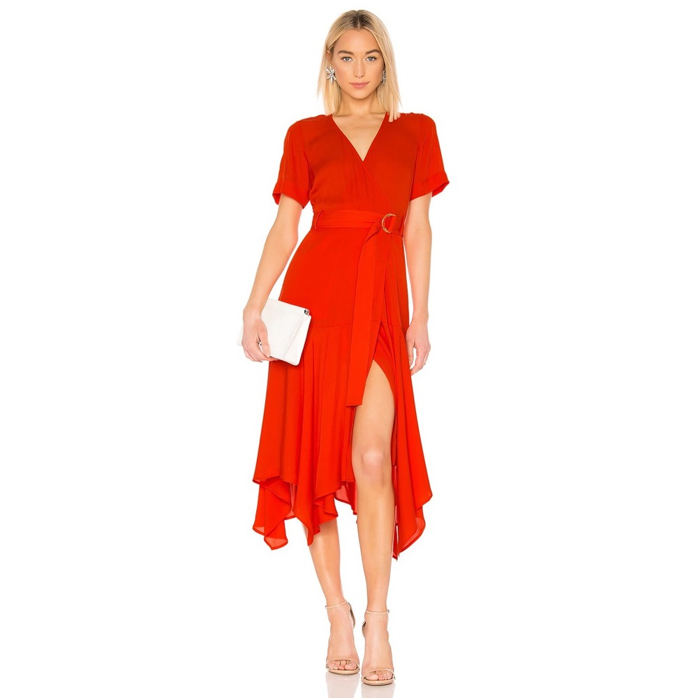 A.L.C. Claire Dress Orange Red Silk‎ Midi Length Belted Waist Size 0 Flowy Chic